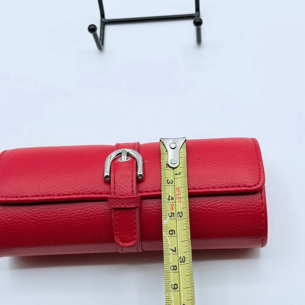 Red Faux Leather Jewely Roll Hard Shell Travel Organizer Case Velvet Interior